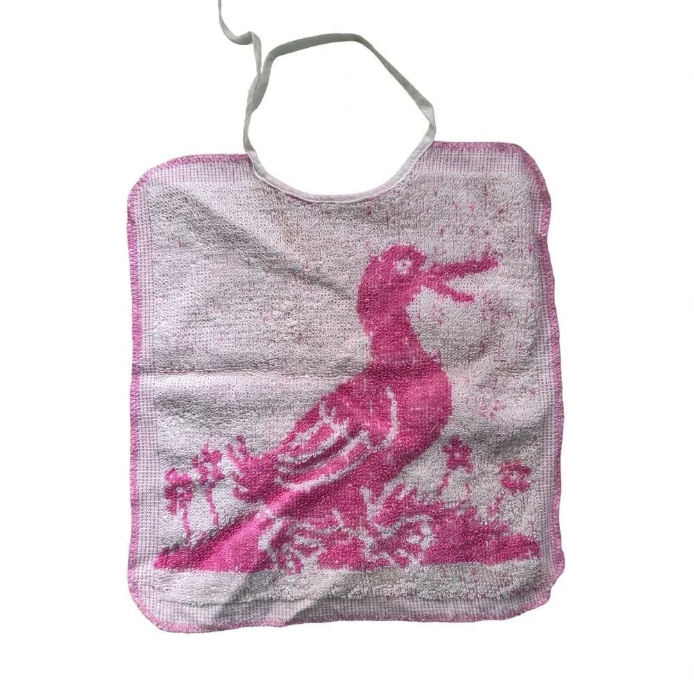 Vintage Pink Terry Cloth Baby Bib White Duck Graphic Retro Tie Neck Nursery